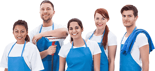 three women and two men wearing blue apron standing with mop and rag in hand
