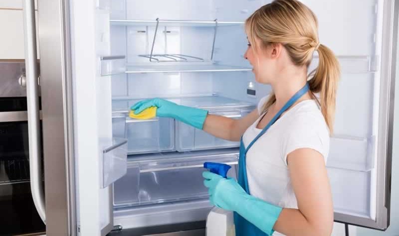 preety woman wiping her refrigerator