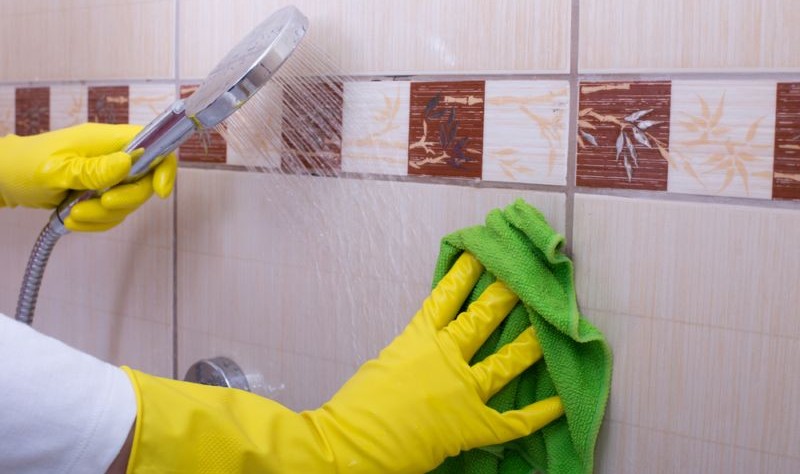 cropped image of a professional wiping the bathroom tiles