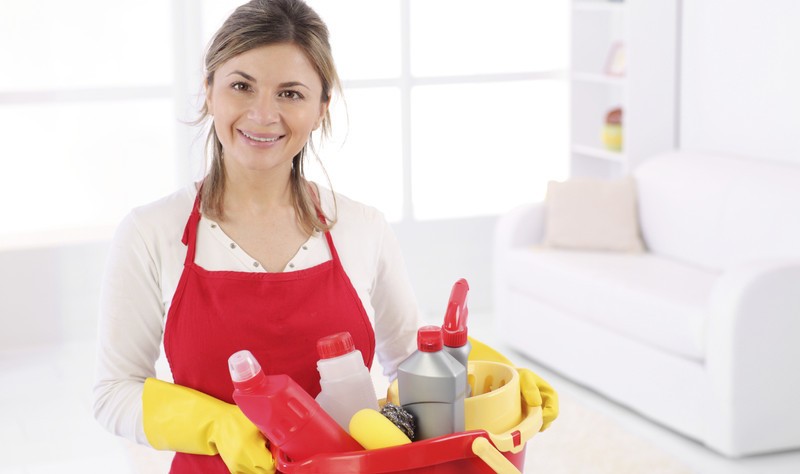 beautiful young woman holding a bucket full of spray bottles and chemical bottles