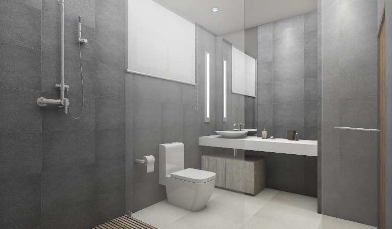 modern loft toilet and shower with wood floor