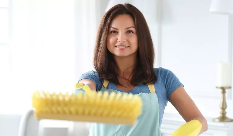 young woman with a cleaning brush ready to clean her house