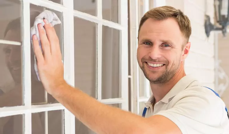 young man wiping a window surface