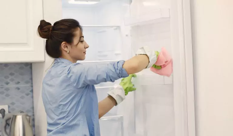 young woman disinfecting a Refrigerator