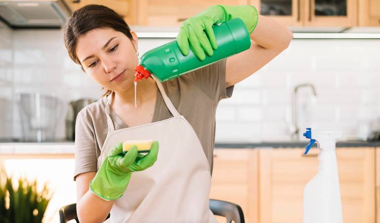 Woman in yellow glove holding a green bottle and scrubber inside a kitchen