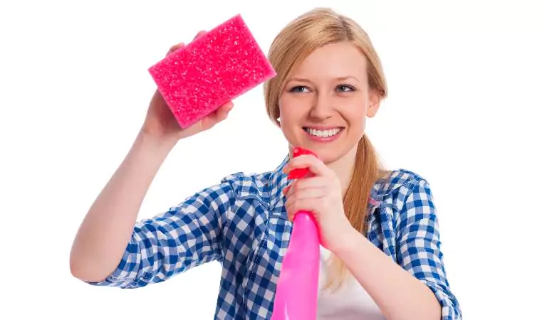 young woman with a spray bottle and a wipe