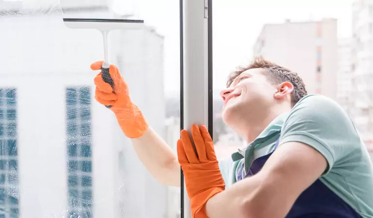 young man wiping a window glass