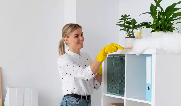 woman sprucing up her house and organising herself