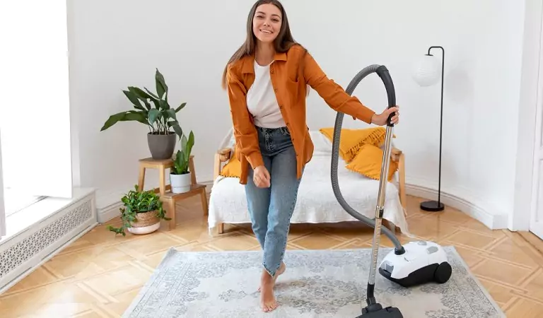woman with a vacuum cleaner ready to clean her carpets