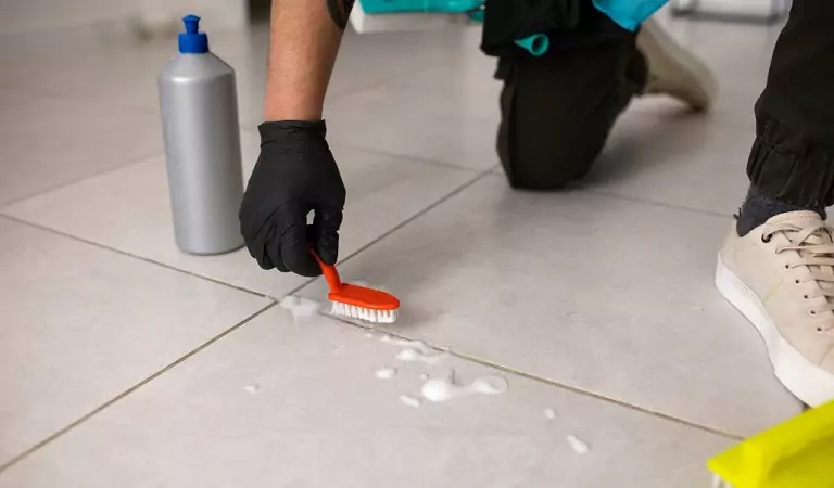 cropped picture of a person cleaning tile grout