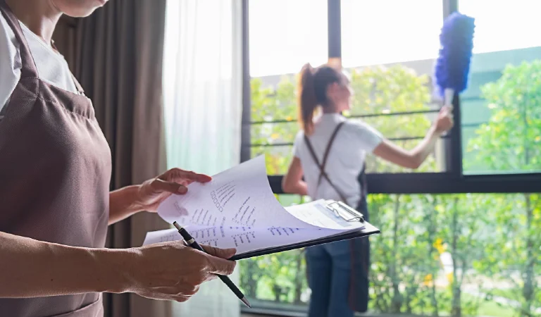 Midsection of woman looking at clipboard against colleague cleaning window