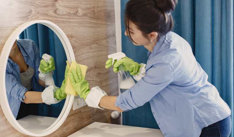 Woman in shirt and jeans holding a bottle in her hand and cleaning mirror with yellow cloth.