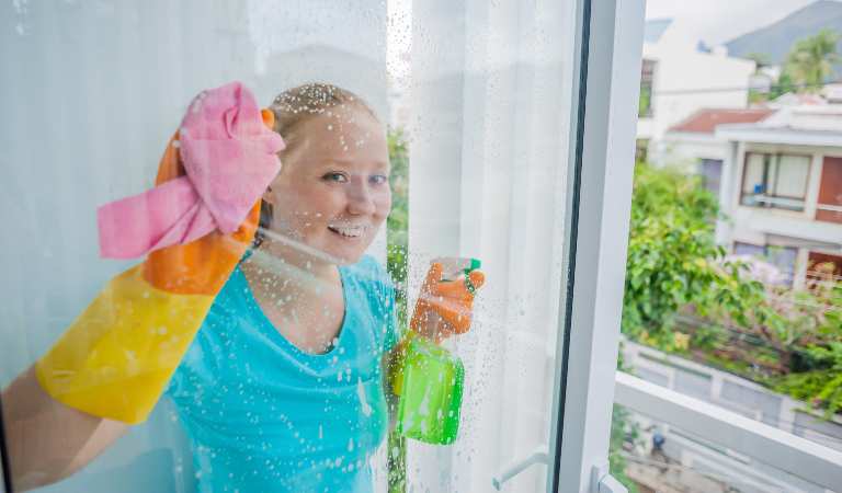Woman in blue top and yellow glove cleaning her window using pink cloth