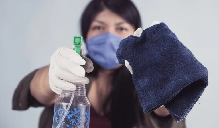 Woman in mask holding a bottle and cloth in her hand.