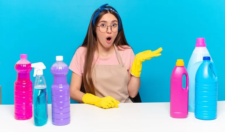 Woman in yellow gloves looking shocked with different cleaning bottles on a table