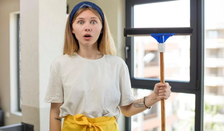 Lady in white top holding a cleaning stick in her hand.